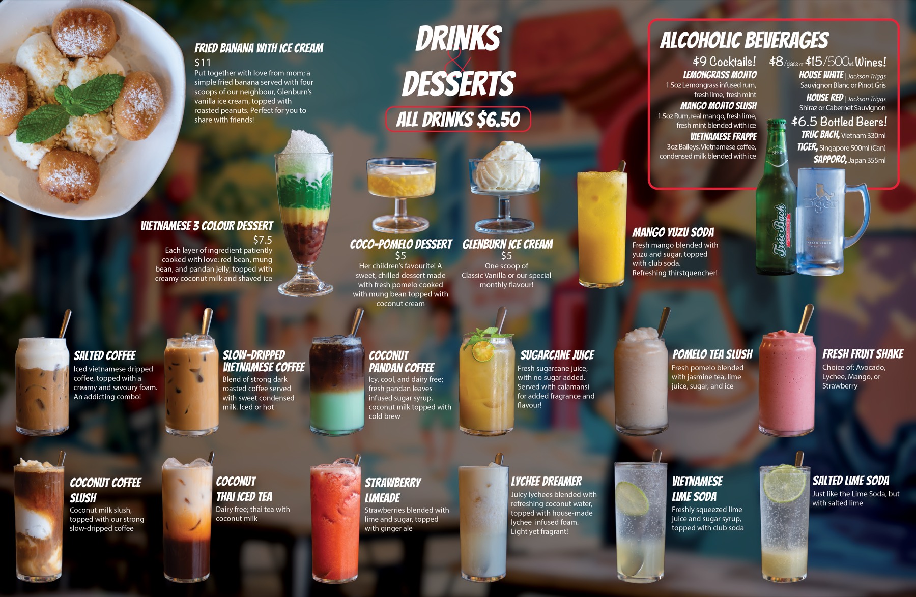 The Chào Mámì drinks and desserts menu — Vietnamese coffees, sodas, slushes, fresh fruit shakes, desserts, cocktails, wine and beer, with photos of every drink